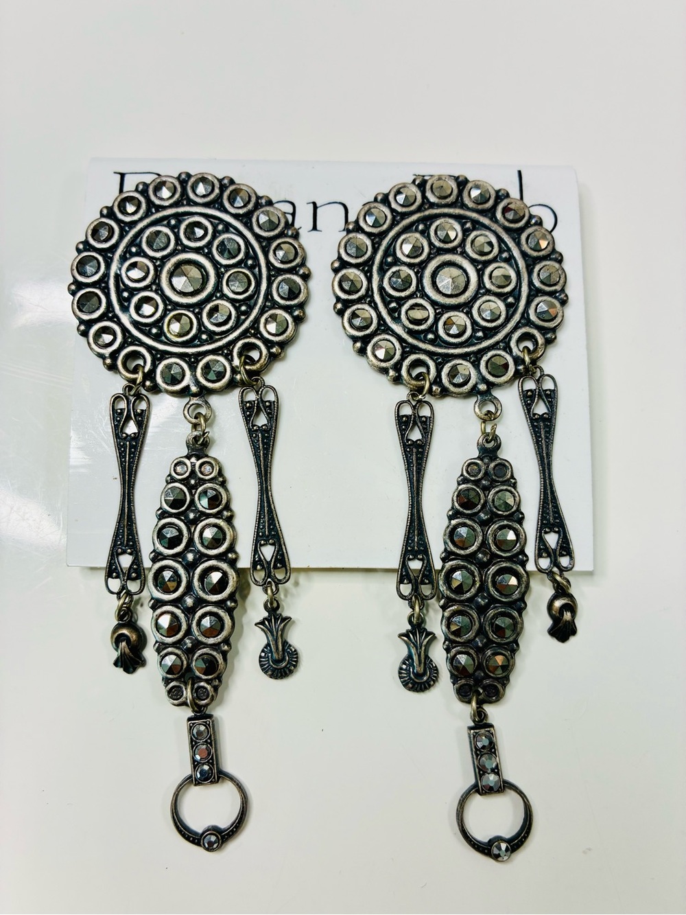 Antique Silver-Tone Art Deco Revival Dark Swarovski Dangle Clip Earrings 90s EUC - Picture 1 of 12